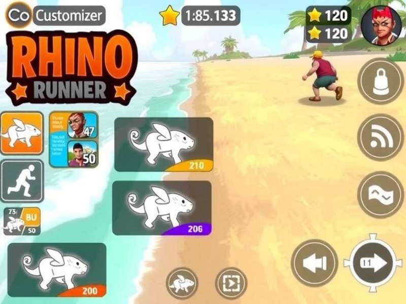 Rhino Seaside Runner gameplay screenshot showing character running by the beach